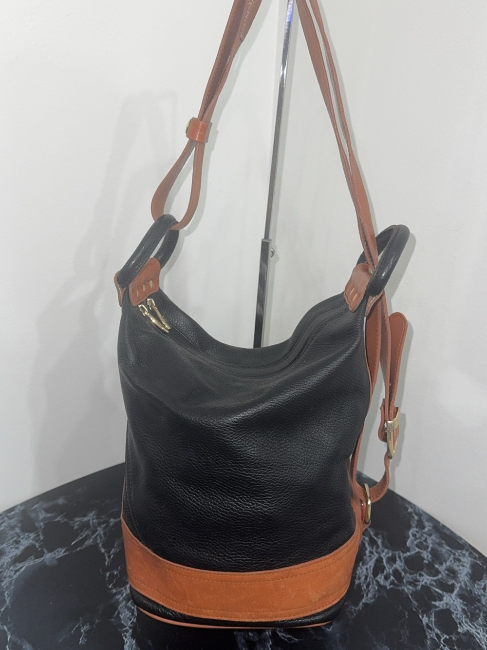 Valentina Pebbled Genuine Leather Black Bucket Sling Bag Backpack AUTHENTIC - Picture 9 of 15